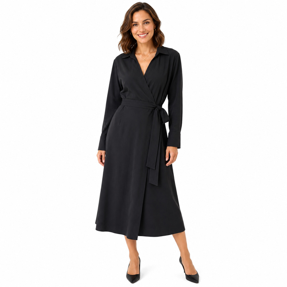 banana republic black wrap dress Collared Long Sleeve Full Style NWT sz Small Length:56